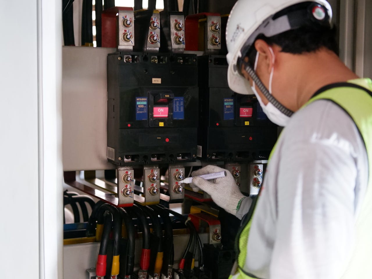 journey Technician wearing safety gear inspecting electrical panels in an industrial setting.